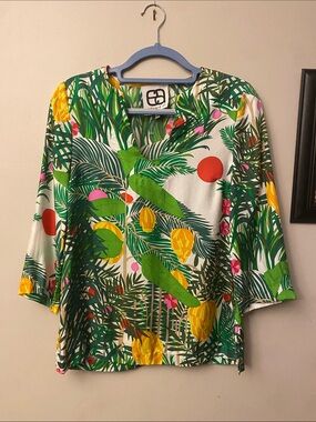 Edward An Silk Tropical Print Green and White Women's Blouse
